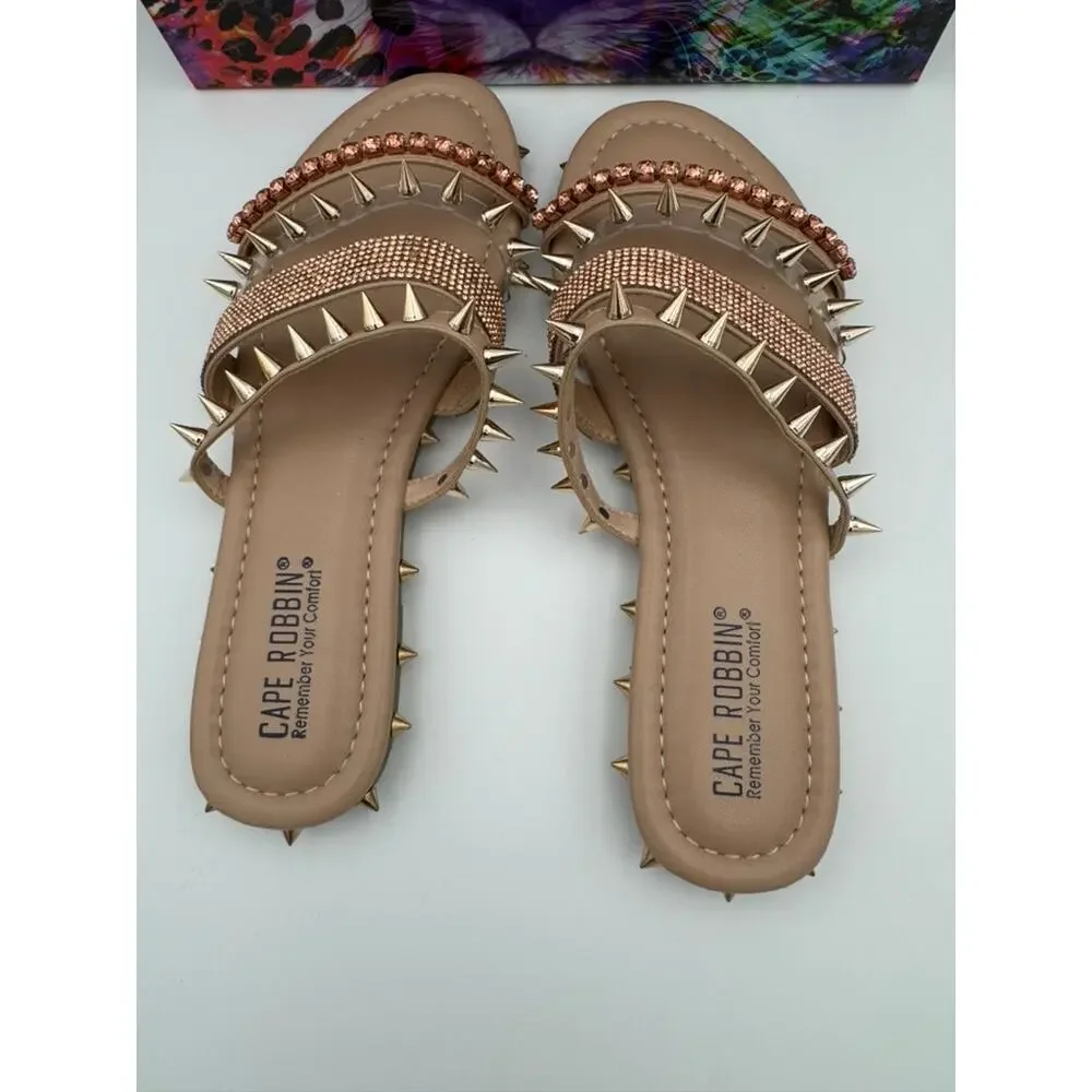 Cape Robbin Xtreme Nude Spiked Slide Sandals Size 8 Studded Rhinestone